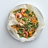 Prawn spaghetti with courgette and courgette flowers