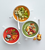 Cold soups: pepper soup, melon and cucumber soup, and avocado and lettuce soup