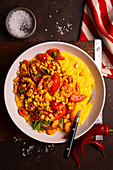 Chinese rice congee with sweetcorn, tomatoes and shrimps