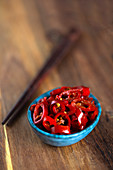 Sliced pickled red chillies