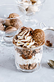 Chocolate macarons, ganache and vanilla whipped cream trifle