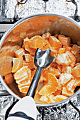 Making marmalade - puree filleted oranges
