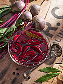 Sweet-and-sour pickled beetroot with onion, horseradish and juniper berries