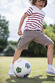 Boy playing soccer outdoors