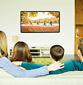 Family watching television in living room