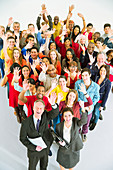 Portrait of diverse workers waving