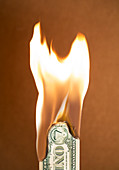 Folded dollar bill burning