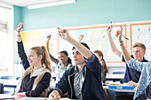 Students raising arms during lesson