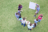 Man leading meeting at flipchart in field