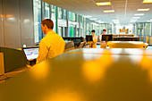 Workers at computer in printing plant