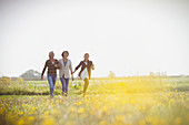 Women walking in sunny meadow