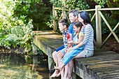 Family sitting at the edge of dock