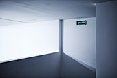 Neon exit sign on white wall