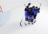 Hockey team in blue uniforms cheering