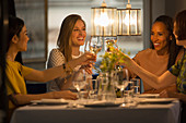 Smiling women friends toasting wine glasses dining