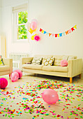 Birthday sign, balloons and confetti