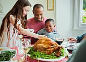 Family enjoying Christmas turkey dinner