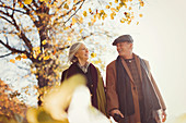 Senior couple holding hands and walking