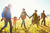 Family holding hands walking in autumn park