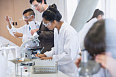Female college students conducting experiment