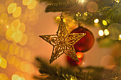 Gold star ornament on Christmas tree branch
