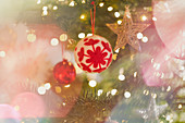 Snowflake ornament hanging on Christmas tree