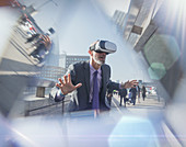 Businessman using VR simulator glasses