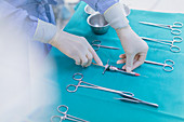 Surgeon preparing surgical instruments on tray