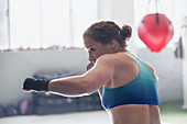 Determined female boxer shadowboxing in gym