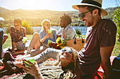 Young friends relaxing, enjoying picnic