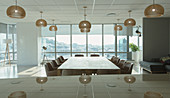 Conference table and lights in conference room