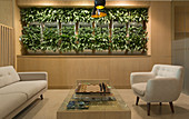 Lounge with plant display, chessboard and seating