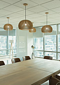 Conference table and lights in conference room
