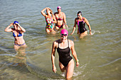 Overhead view female swimmers wading