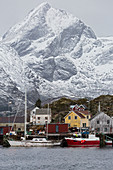Fishing village and boats at waterfront, Norway