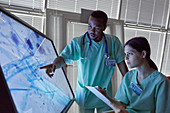 Nurses examining magnified microscope slide