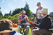 Playful active senior friends playing cards