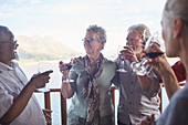 Happy active senior friends drinking wine
