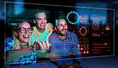 Business people using futuristic hologram computer