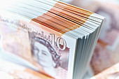 Close up ten pound note stack