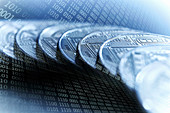 Bitcoins on blue binary code background