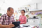 Grandfather and granddaughter using tablet