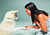woman shaking dogs paw