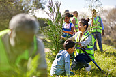 Woman and children volunteers planting tree in park
