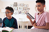 Brothers reading and using digital tablet