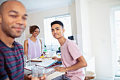 Family cooking and doing homework