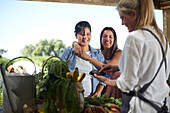 Affectionate lesbian couple shopping at farmer's market