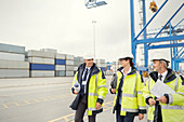 Dock workers and manager walking and talking at shipyard