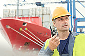 Dock worker below container ship at shipyard