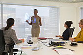 Businesswoman leading conference room meeting